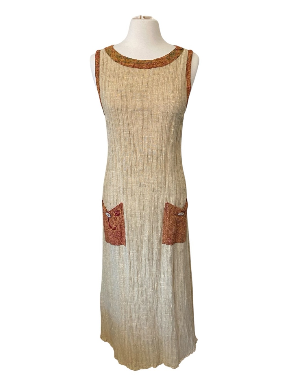 Kusnadi New York Beige Rayon Ramie Maxi Dress Boho Pockets Medium